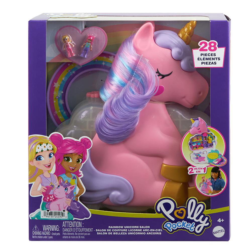 Set de Juego Polly Pocket Salón de Belleza Unicornio Arcoíris de 28 Piezas 4+ Años Polly P…