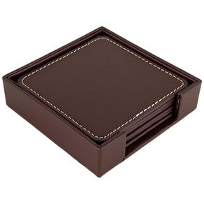 Set de 6 Portavasos Cuadrados de Piel Sintética con Base Café