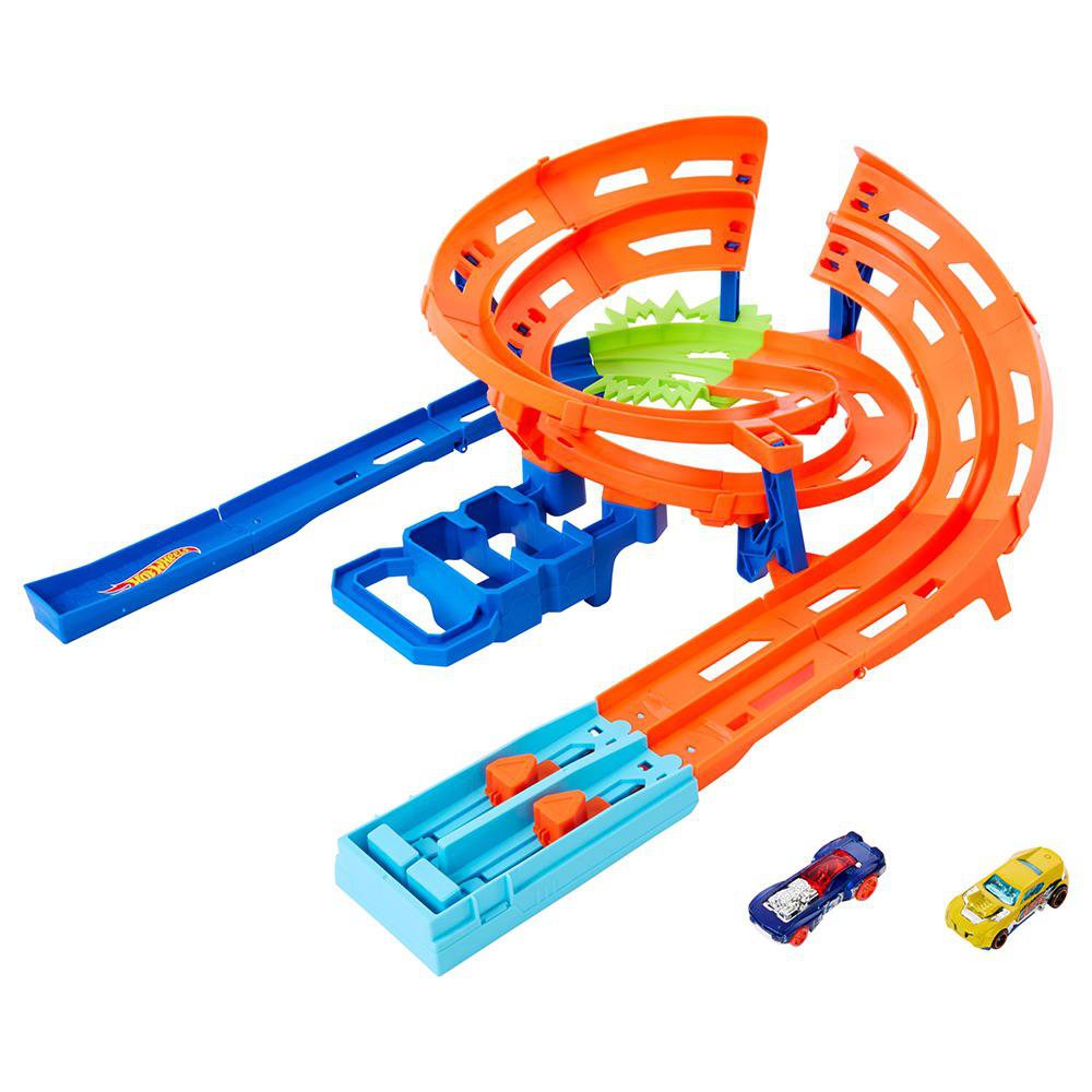 Pista Action Lanzamiento en Circuito Giro Veloz Hot Wheels Circuito de Doble Pista para Autos Escala 1:64 con Zona de Choque