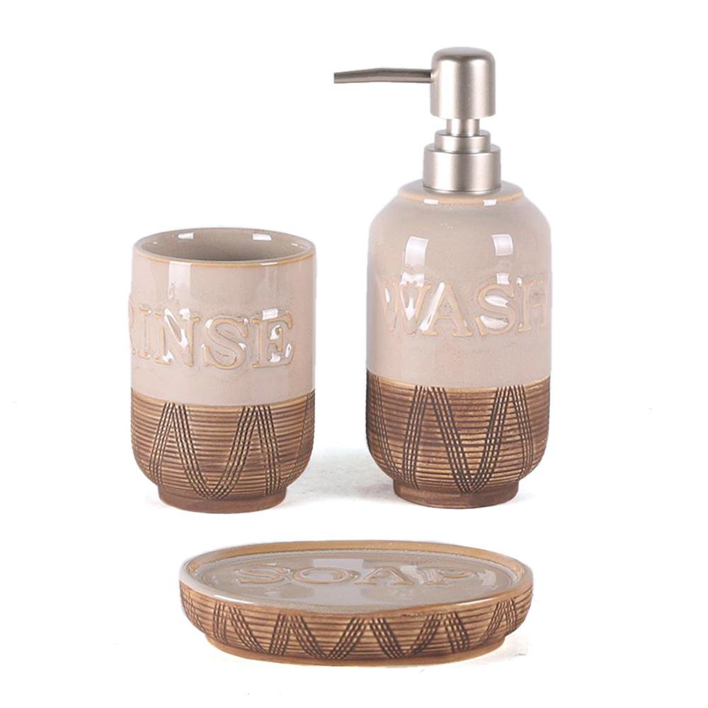 Set de Accesorios para Baño de Cerámica Color Beige y Café Diseño Texturizado 3 Pzas