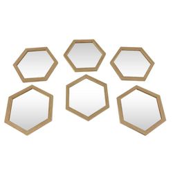 Set de 6 Espejos Decorativos Hexagonales de Madera Natural