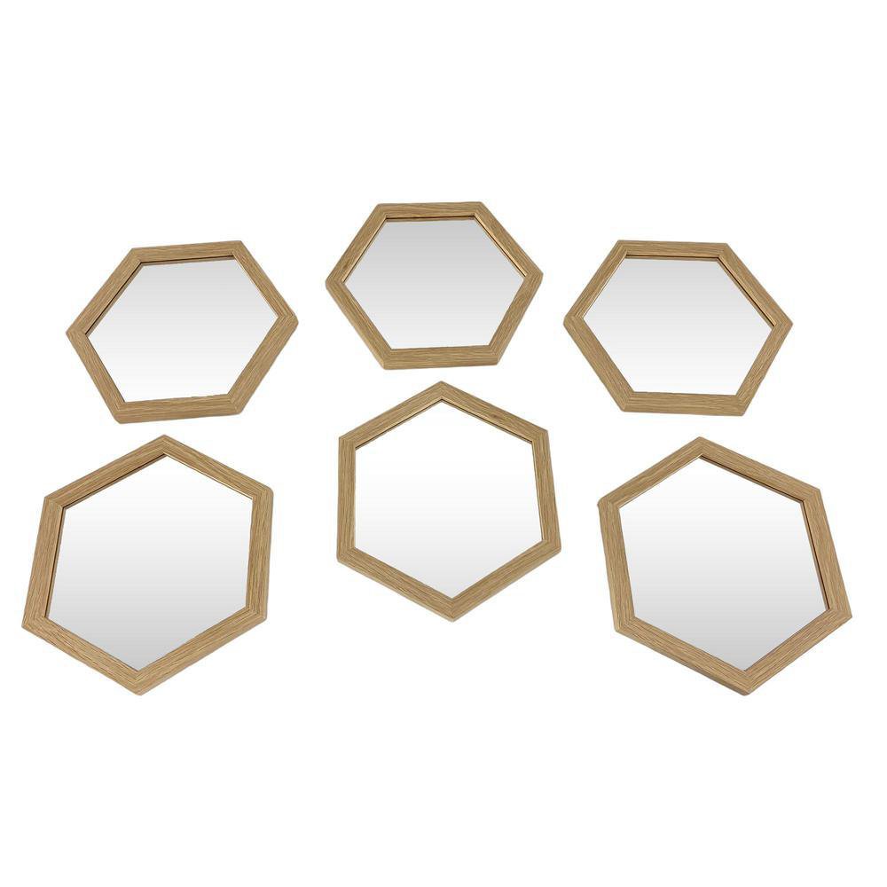 Set de 6 Espejos 25.5 x 22 cm Diseño Hexagonal Color Madera Natural