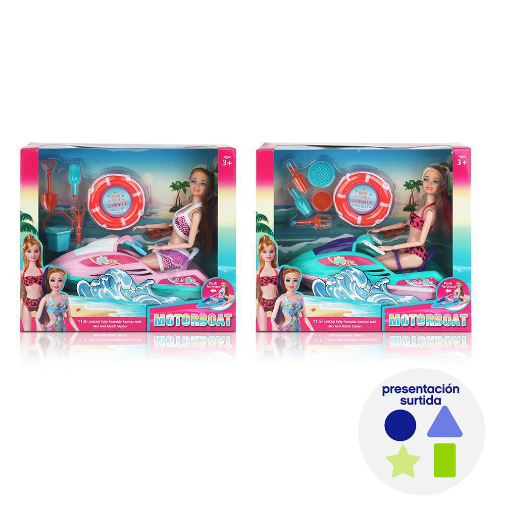 Muñeca con Moto Acuática y Accesorios de Playa Presentación Surtida Muñeca con Moto Acuáti…