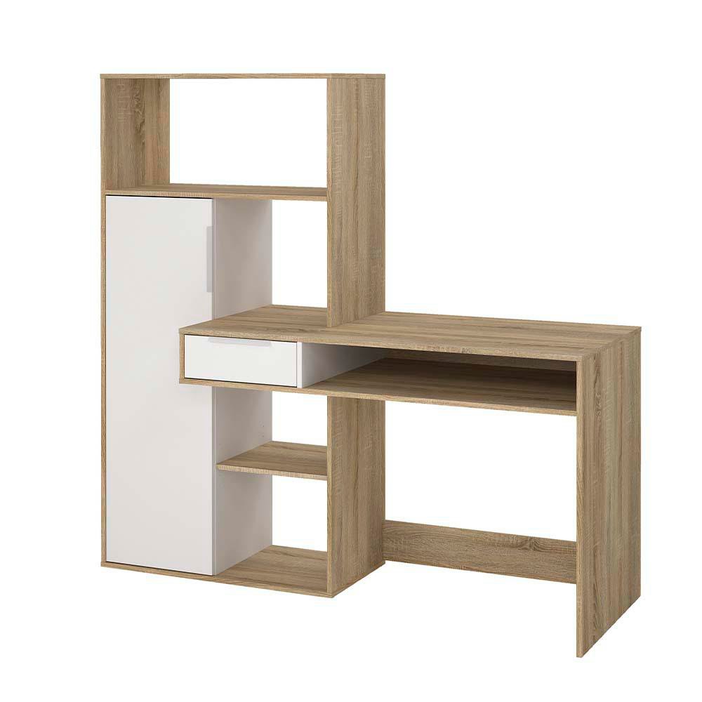 Escritorio con Gabinete y Librera Color Blanco y Café Claro 163.1 x 60.4 x 155.4 Cm