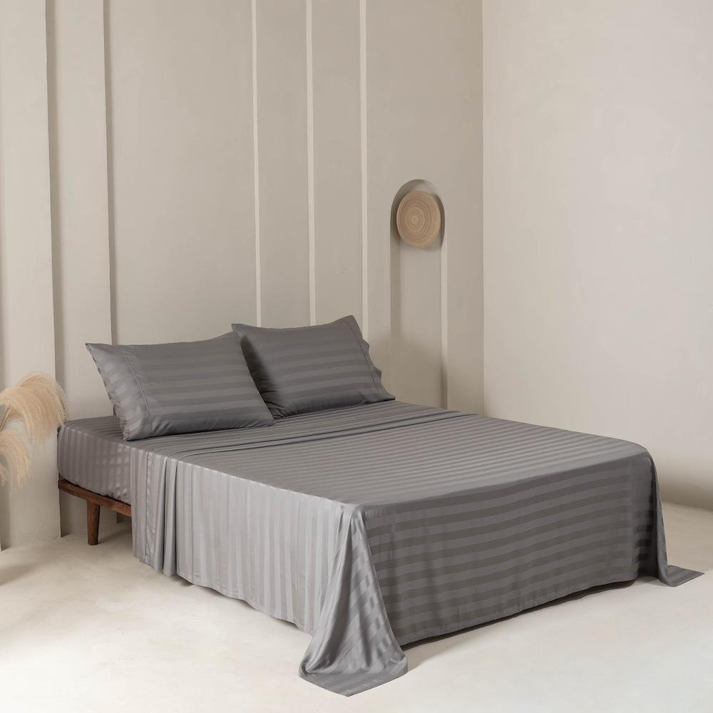 Set de Sábanas Gris Stripe Bamboo - Varios Tamaños Queen