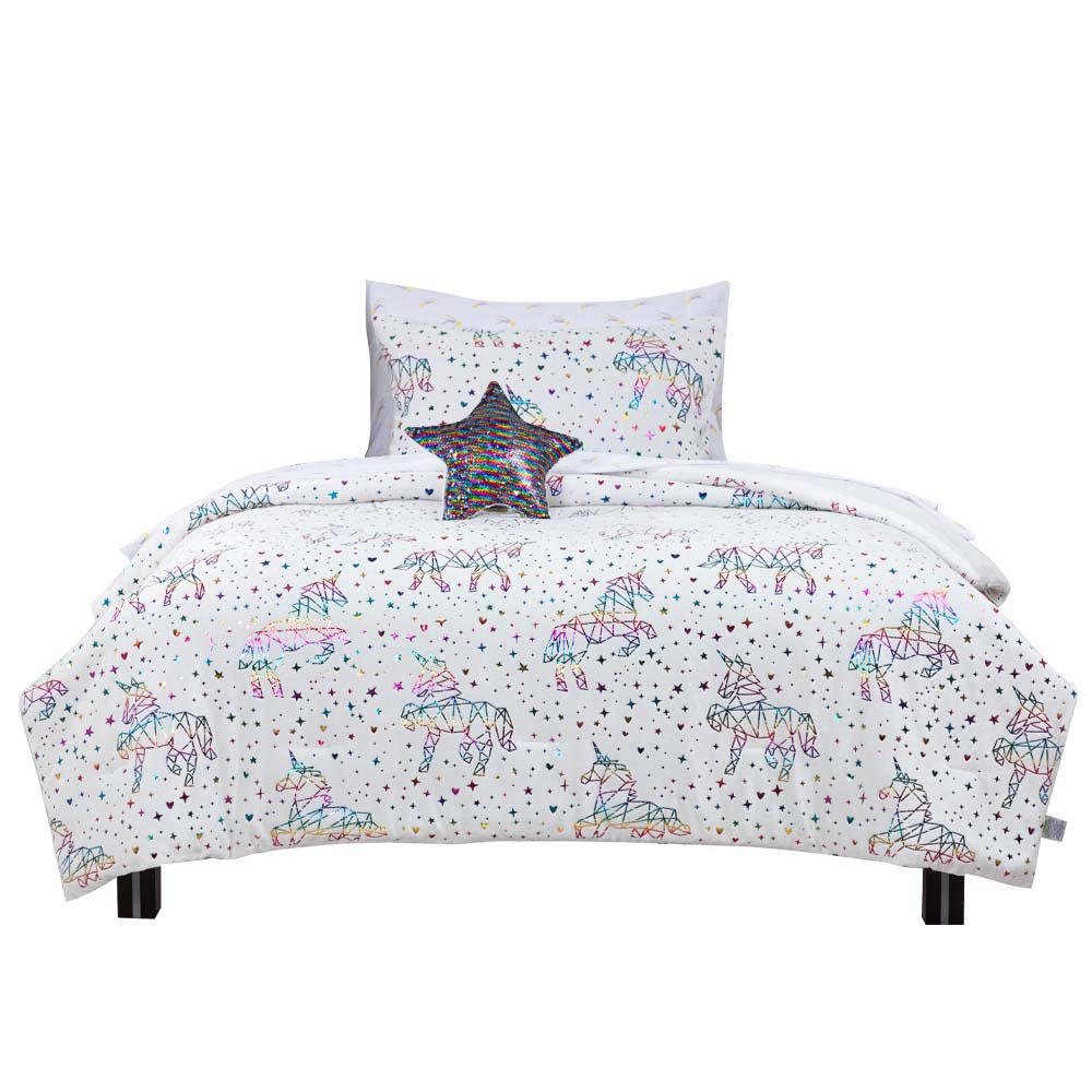 Set de Edredón 6 Piezas Tamaño Twin Diseño Unicornio Color Blanco Set de Edredón 6 Pzas In…