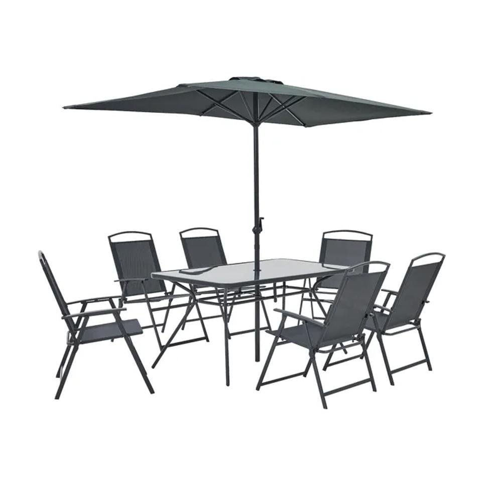 Set de Comedor de Exterior con Mesa Rectangular, 6 Sillas Plegables y Sombrilla en Negro