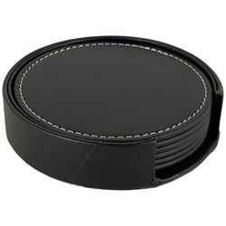 Set de 6 Portavasos Circulares de Piel Sintética con Base Negro