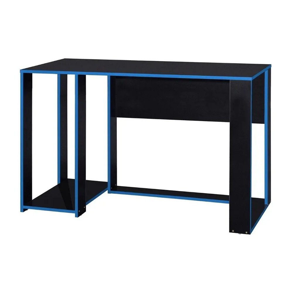 Escritorio Gamer de Madera Sólida con Repisa Lateral Azul y Negro de 120 cm