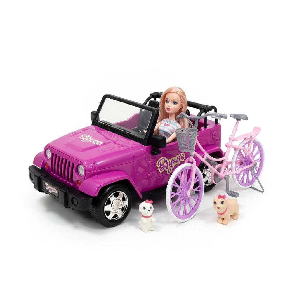 Set de Vehículos Bryana con Jeep, Bicicleta y Mascotas Muñeca Bryana con Jeep Rosa, Bicicl…