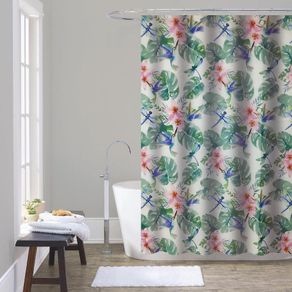 Set de Cortina Estampado Libelula y Hojas Liner y Ganchos 14 Pzas