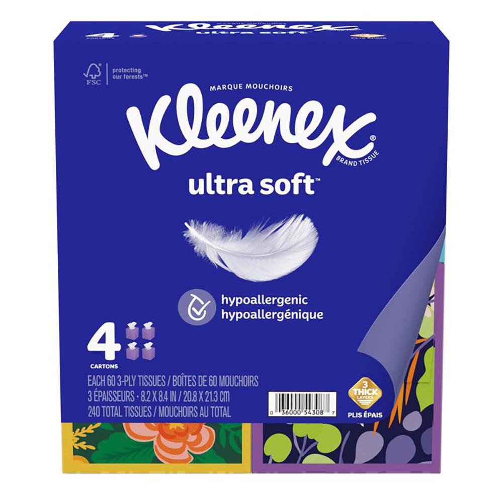 Pañuelos Faciales Kleenex Ultra Soft Hipoalergénicos 3 Capas, 4 Cajas