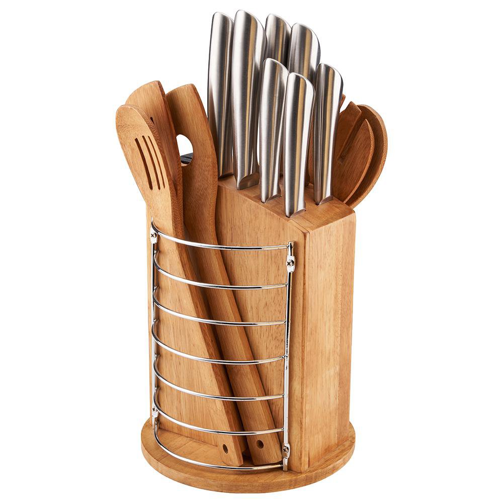 Set de Cuchillos y Utensilios de Acero Inoxidable 14 Piezas con Base de Madera