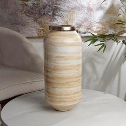 Florero Decorativo Beige con Detalles Dorados 17x38 Cm