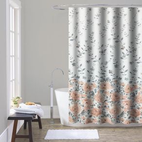 Set de Cortina Estampado Rosas y Ramas Liner y Ganchos 14 Pzas