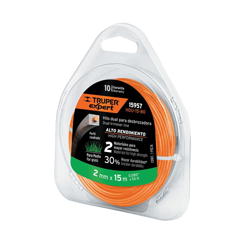 Hilo Cuadrado Dual para Desbrozadora de 2 mm x 15 Metros Color Naranja