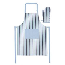 Set Delantal y Guante Cocina Rayas Celeste y Gris