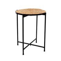 Mesa Auxiliar Redonda de Mimbre con Base de Metal Negra
