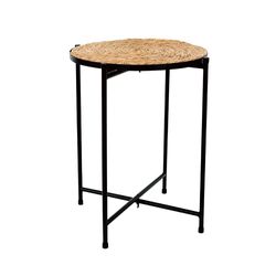 Mesa Auxiliar Redonda de Mimbre con Base de Metal Negra