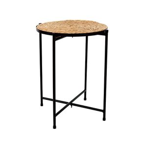 Mesa Auxiliar Redonda de Mimbre con Base de Metal Negra
