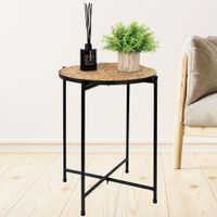 Mesa Auxiliar Redonda de Mimbre con Base de Metal Negra