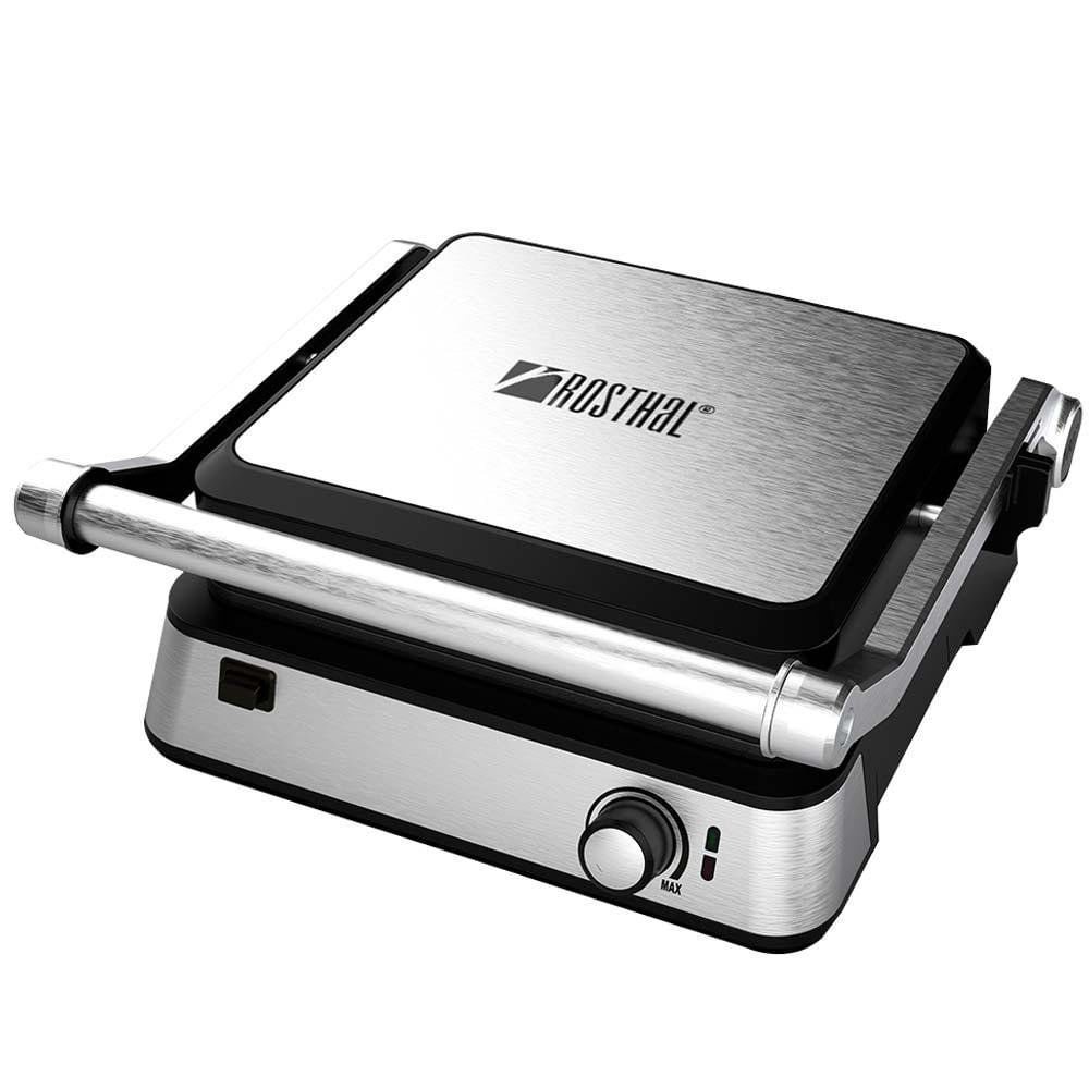Plancha Grill de 1500 W con Superficie Antiadherente de Acero Inoxidable Color Plateado Plancha Grill Rosthal Antiadherente de Acero Inoxidable 1500 W