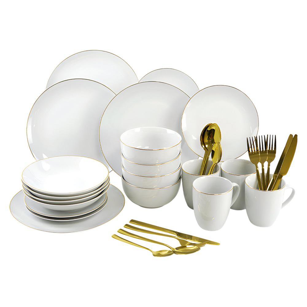Set de Vajilla con Cubiertos de 36 Piezas con Borde Dorado
