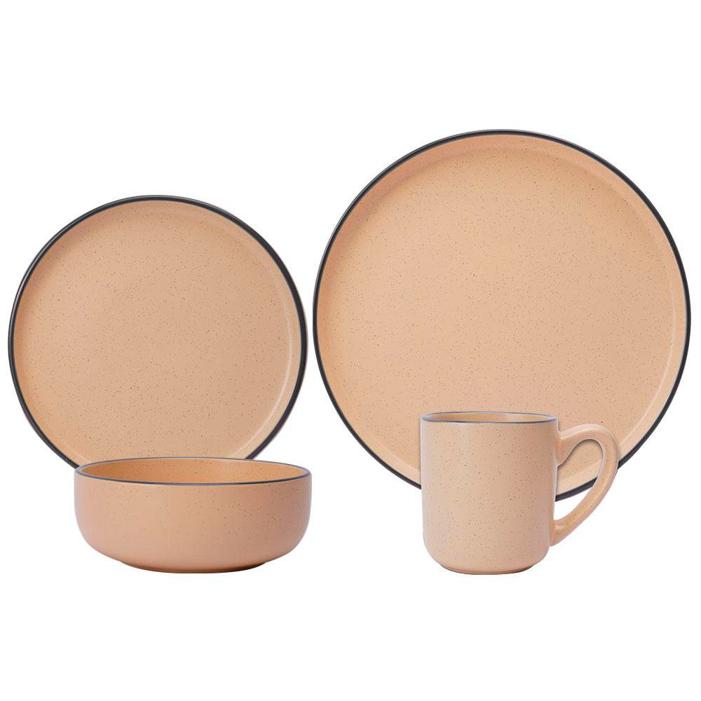 Set de Vajilla de Cerámica de 16 Piezas Color Crema con Borde Color Negro