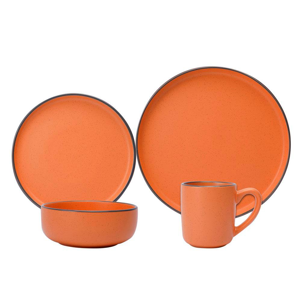 Vajilla de Cerámica Naranja con Borde Negro 16 Piezas Set de Vajilla de Cerámica de 16 Pie…