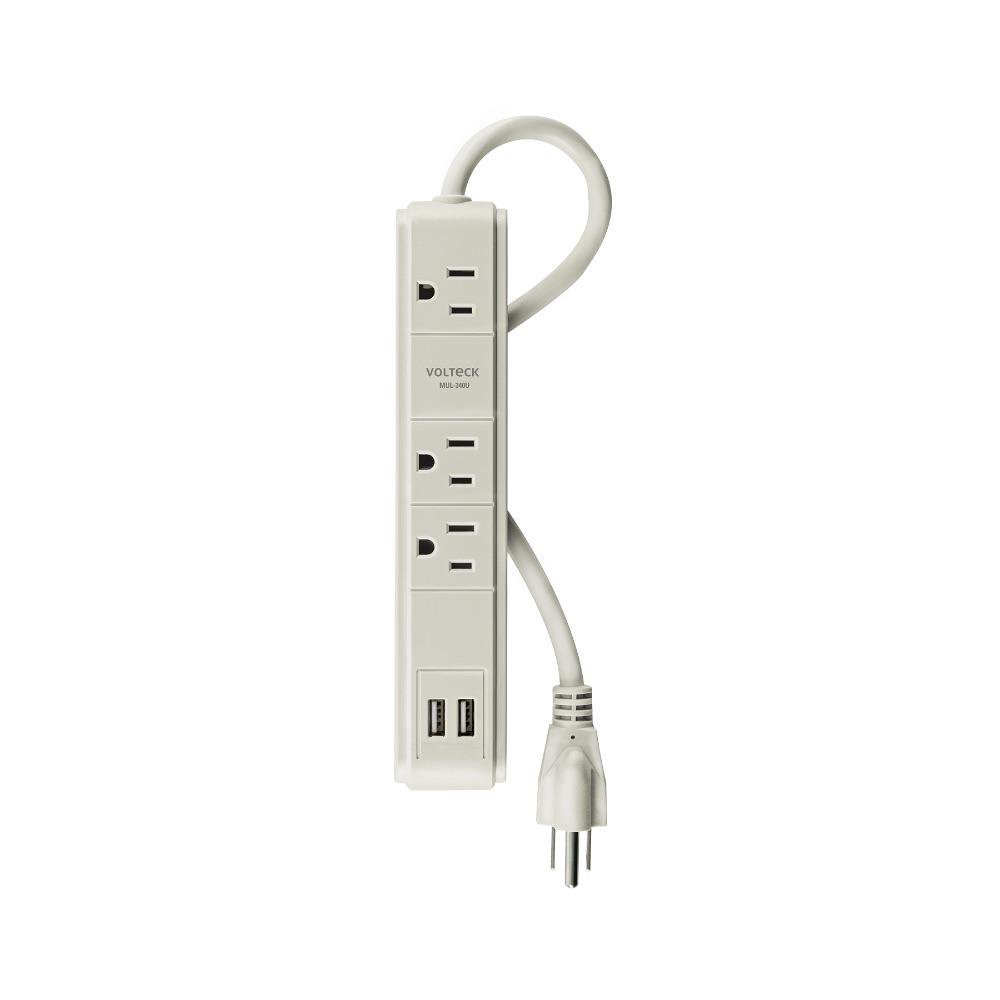 Protector de Voltaje de 3 Entradas + 2 USB 300 J en Color Blanco
