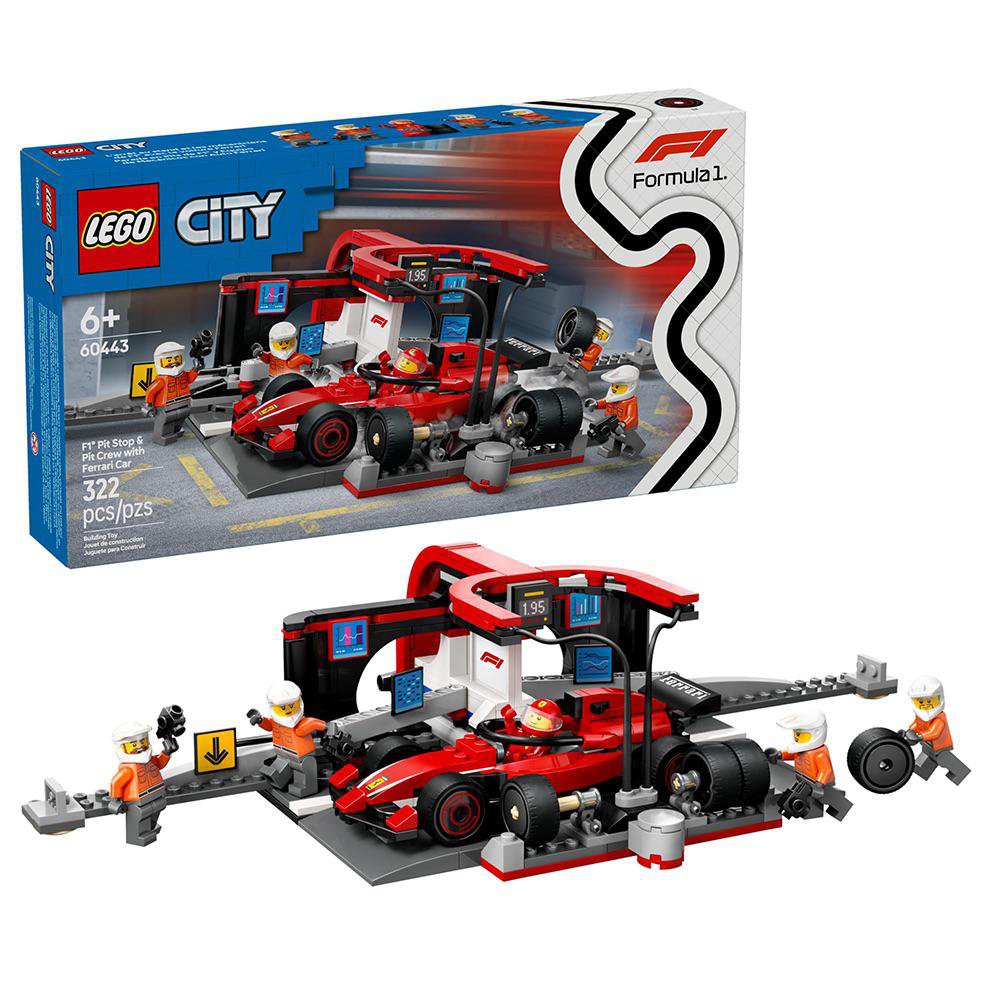 LEGO City Parada en Boxes y Equipo Ferrari F1 con Auto #60443 de 322 Piezas