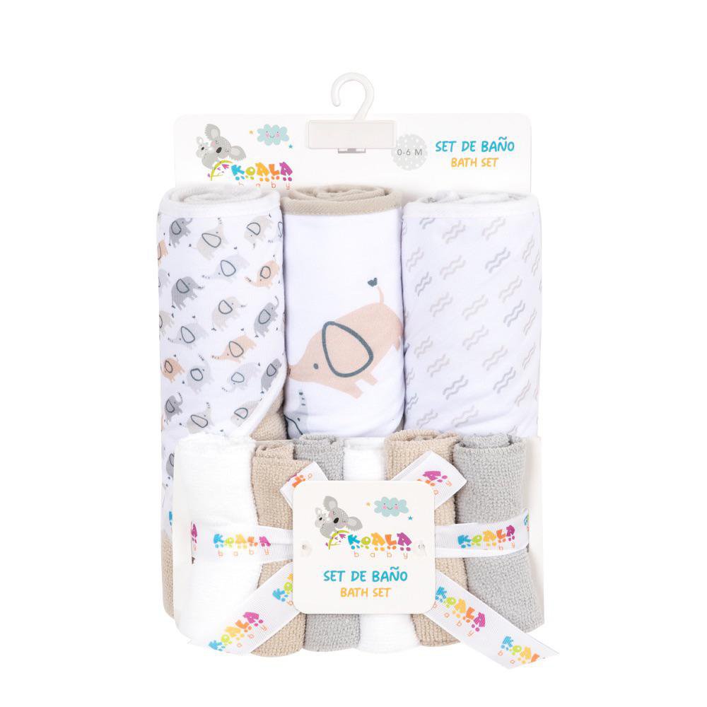 Set de Toalla para Bebé con Capucha y Paños Faciales Diseño de Elefantes de 9 Piezas Color Beige Set de Toallas con Capucha y Paños Faciales Diseño Elefantes Color Beige