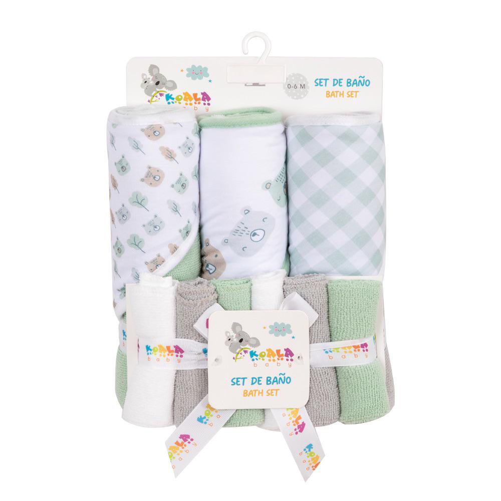 Set de Toalla para Bebé con Capucha y Paños Faciales Diseño de Oso de 9 Piezas Color Verde…