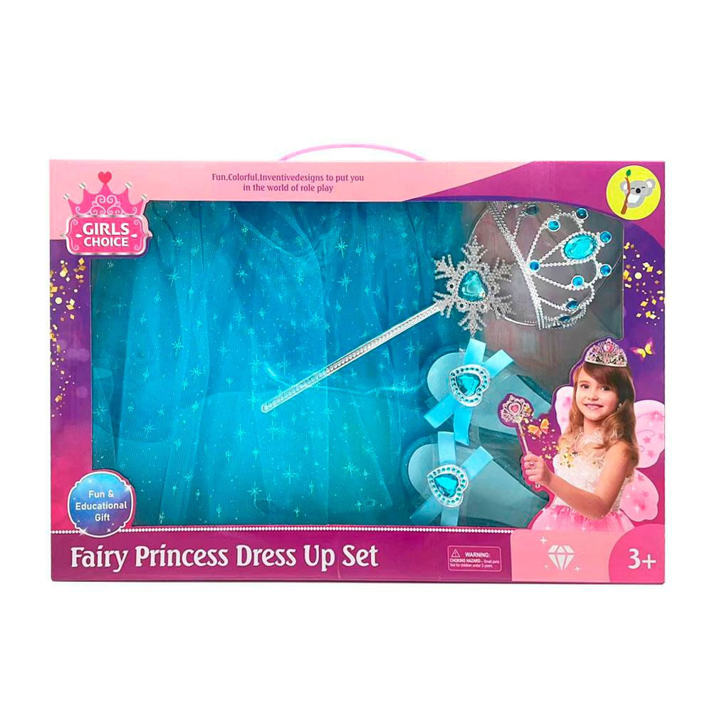 Set de Disfraz Princesa Hada Tela y Plástico con Alas, Corona, Varita y Accesorios 3+ Años Color Celeste Set de Princesa Hada Celeste
