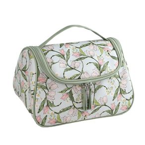 Cosmetiquera Floral Verde con Cremallera y Asa Superior