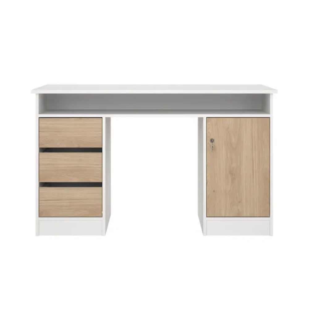 Escritorio Fplus de 3 Gavetas con 1 Puerta y Llave Color Blanco y Roble