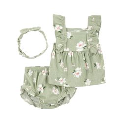 Set Infantil 3 Pzas Verde Estampado Floral - Varias Tallas