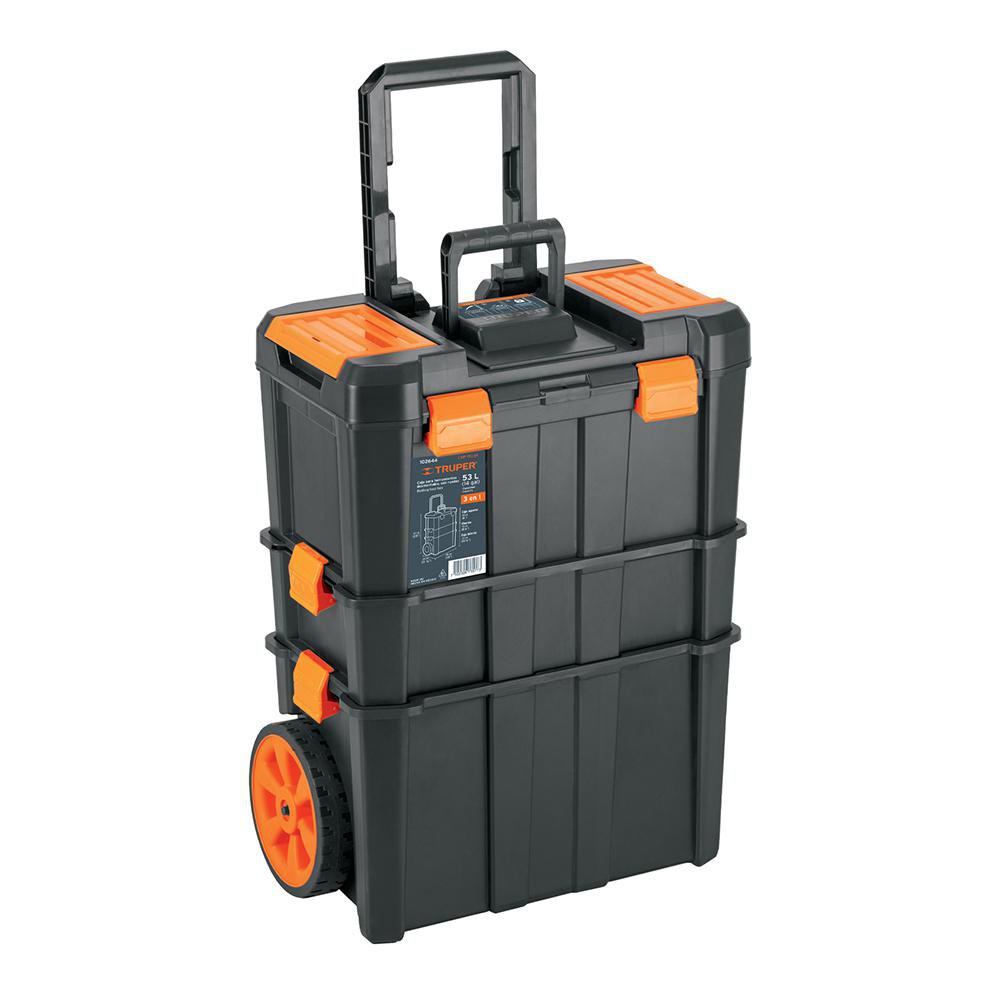 Caja para Herramientas Desmontable 3 en 1 con Ruedas 53 Litros en Color Negro con Naranja