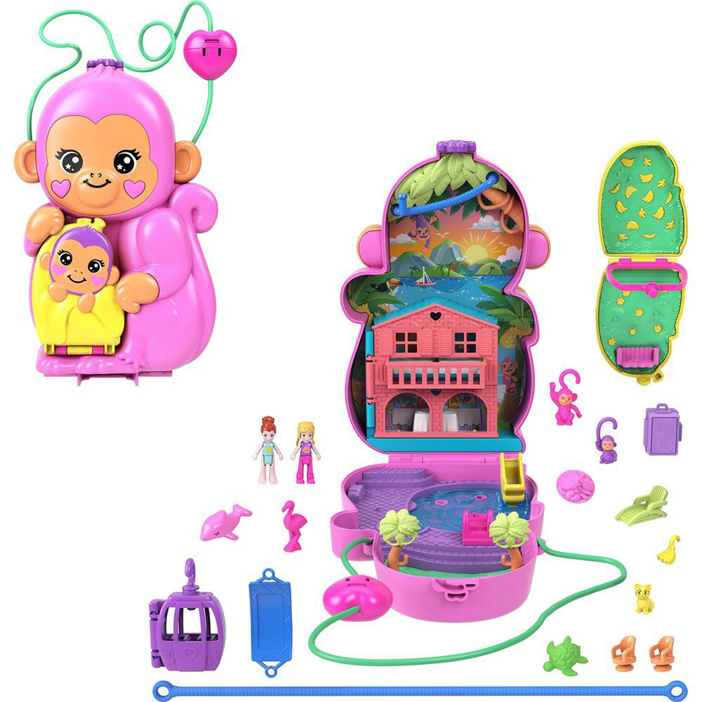 Set de Juego Polly Pocket Monito Tropical con Casa, 2 Muñecas y Accesorios 4+ Años Polly P…