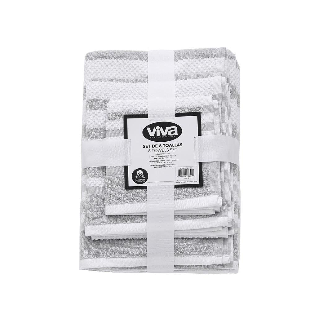 Set de 6 Toallas de 100% Algodón a Rayas Grises y Blancas con 2 de Baño, 2 de Mano y 2 Fac…