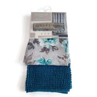 Set de Cortina con Ganchos y Alfombra Azul Pavo