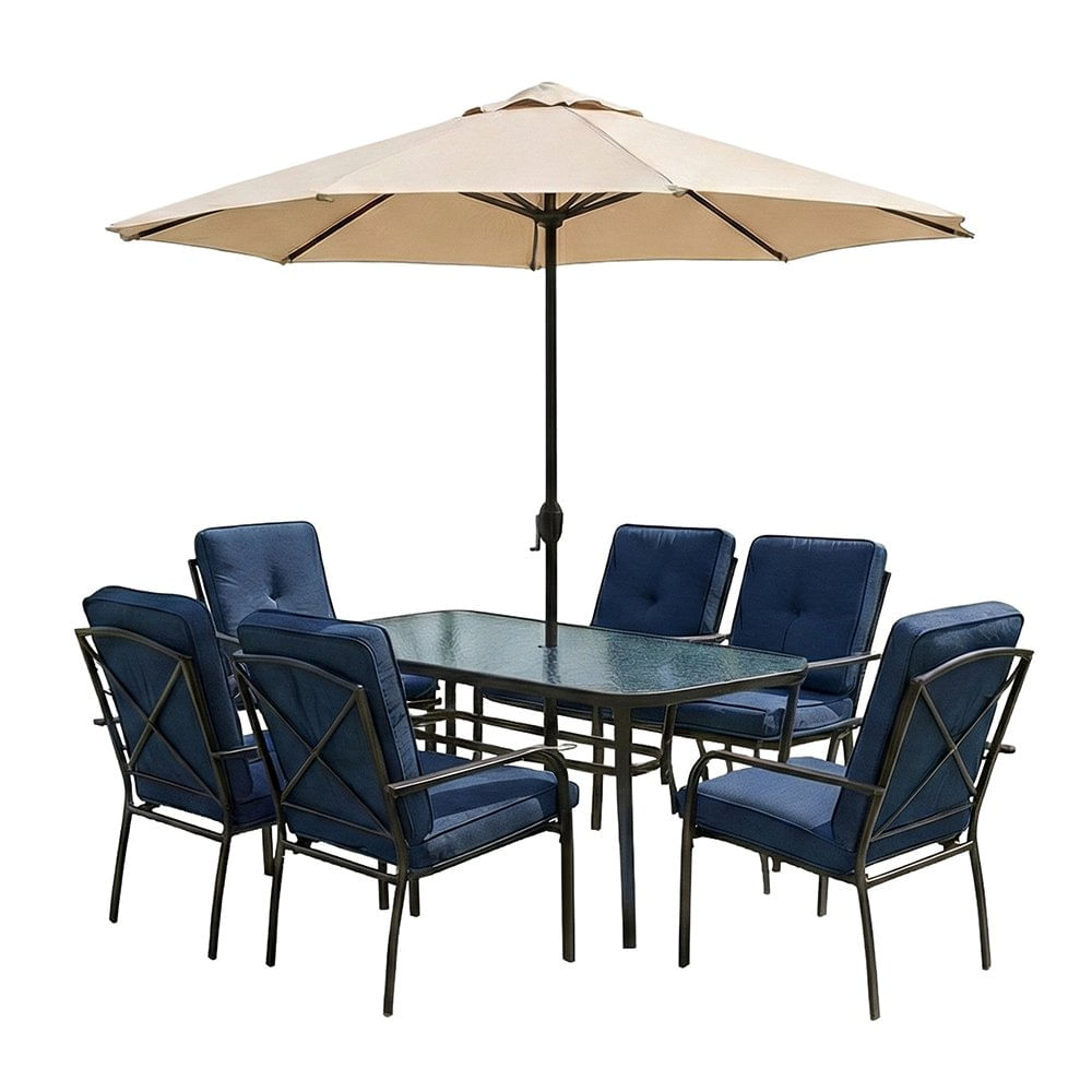 Set de Mesa Rectangular, Sillas y Sombrilla de Acero y Vidrio Color Azul Set Mesa Rectangu…