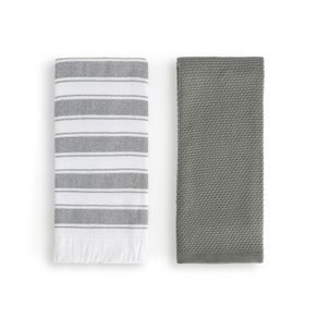 Set de 2 Toallas de Cocina Diseño Rayas Blanco y Gris