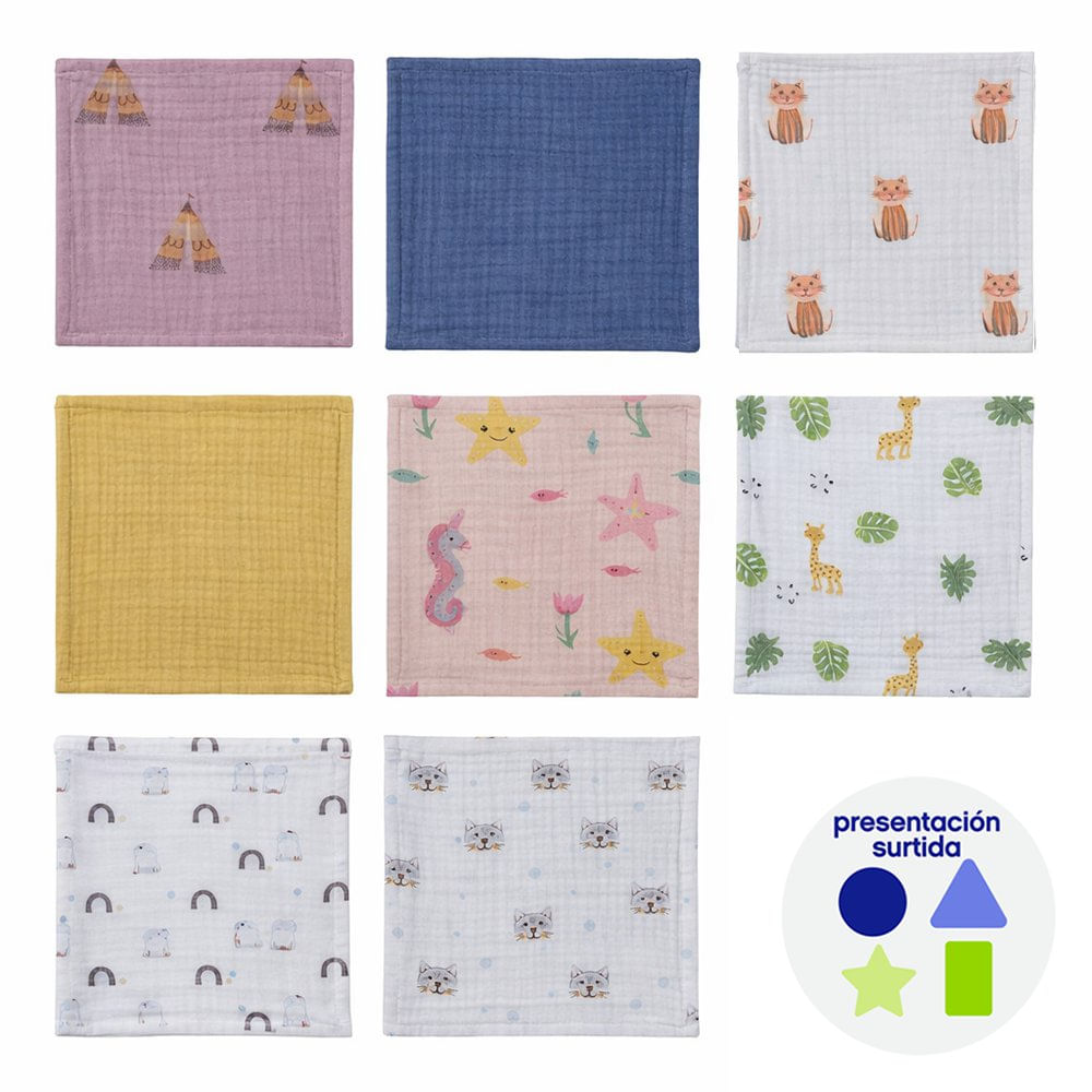 Set de Paños Faciales para Bebé de 4 Piezas de Muselina - Diseños Surtidos Set de 4 Paños Faciales de Muselina Diseños Surtidos