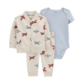 Conjunto de 3 Piezas con Cárdigan Estampado de Aviones - Varias Tallas