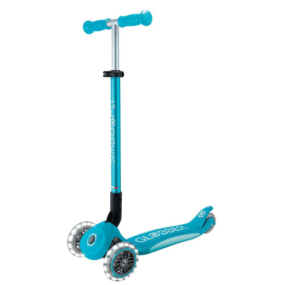Monopatín Primo de 3 Ruedas con Luces LED y T-bar Ajustable Plegable Color Aqua Monopatín…