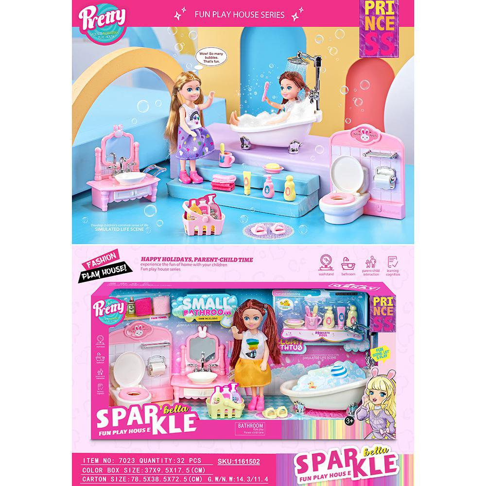 Set de Muebles Sparkle Baño para Muñecas con Muñeca y Accesorios 3+ Años Bañera de Muñecas…