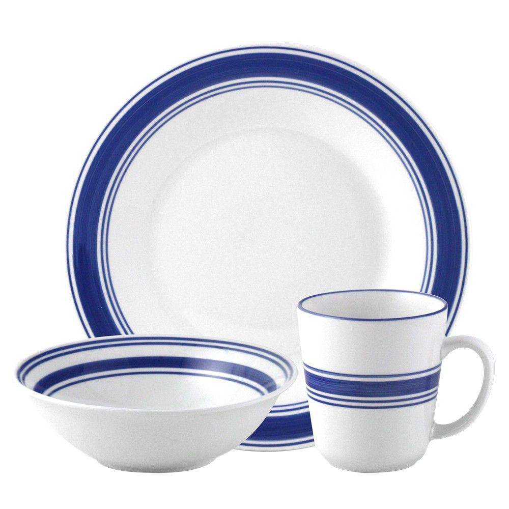 Set de Vajilla de Cerámica de 12 Piezas Color Blanco con Borde Azul