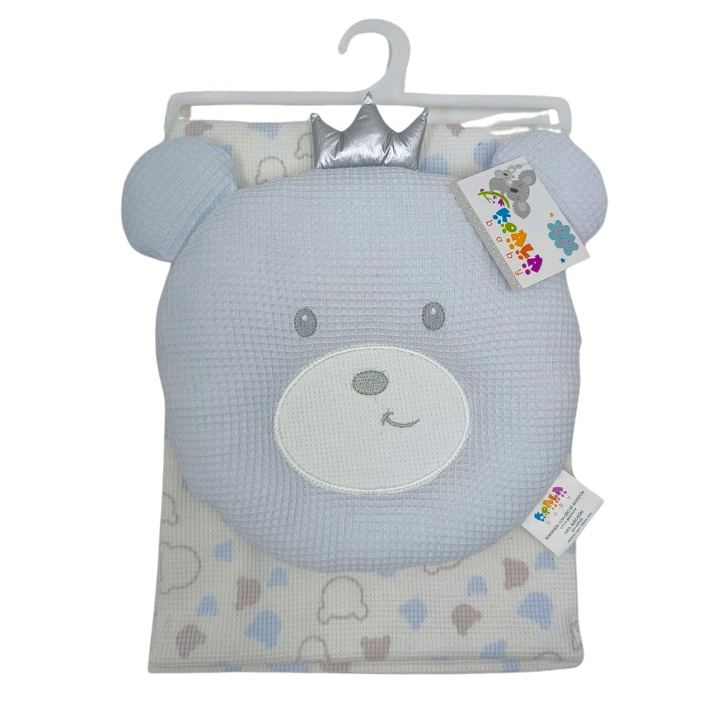 Set de Frazada y Soporte de Cabeza en Forma de Oso para Bebé de Algodón Color Celeste