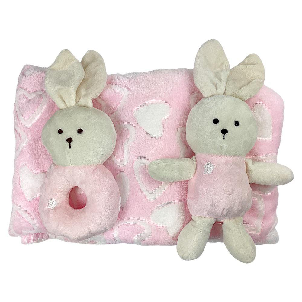 Set de Frazada y Sonajeros de Peluche de 3 Piezas Color Rosado Set de Frazada y Sonajeros…